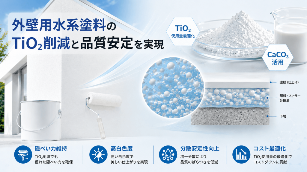 外壁用水系塗料のTiO₂削減と品質安定を実現した炭酸カルシウム活用事例