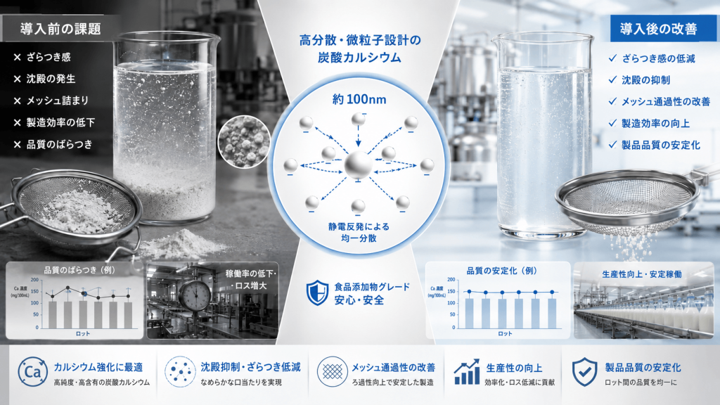 高分散・微粒子設計が切り拓く食品のカルシウム強化と生産性向上