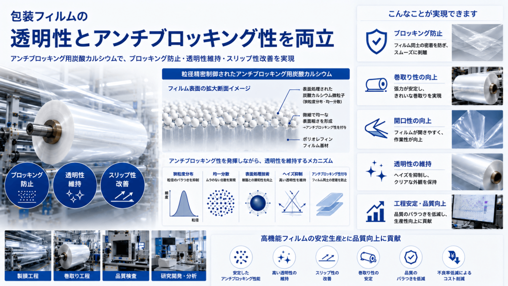 包装フィルムのブロッキング・透明性問題を解決した炭酸カルシウム
